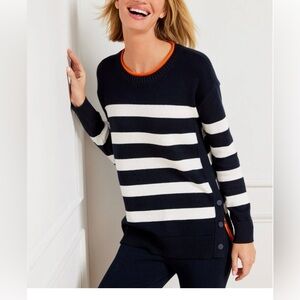 Talbot’s Coolmax Crewneck Sweater. Striped with orange detail. Snaps on side.